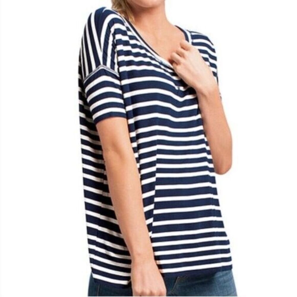 CAbi Women's Size XS Blue White Sailing Striped Short Sleeve Oversized Blouse